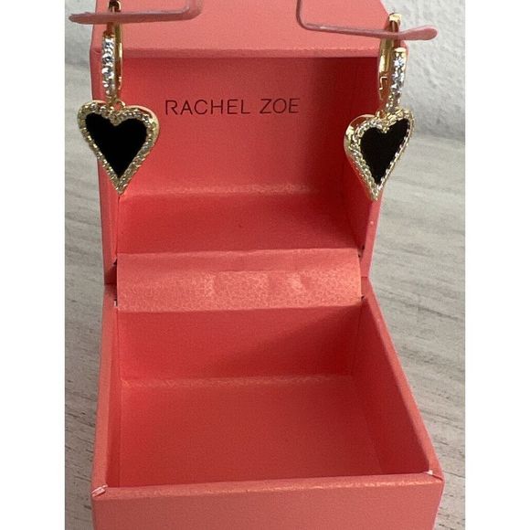 RACHEL ZOE STERLING SILVER GOLD TONE ONYX & CZ HEART HUGGIE EARRINGS~NIB! - Picture 9 of 11
